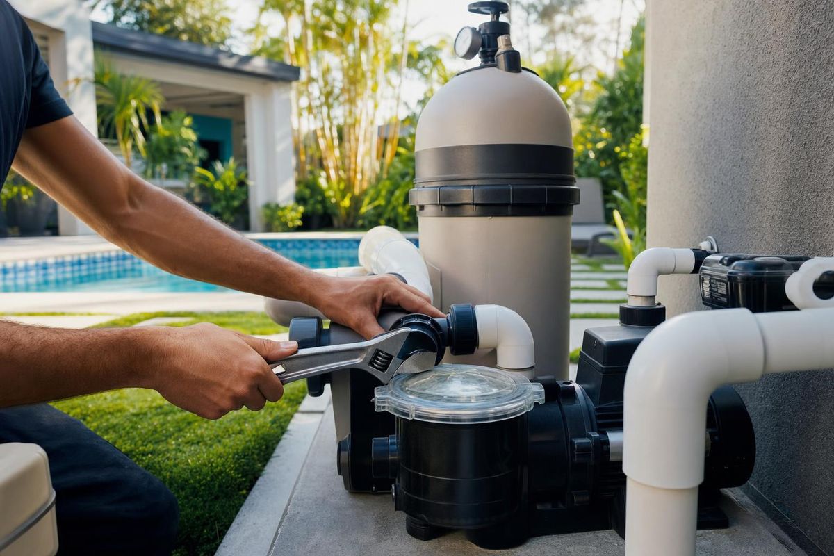 Pool technician repairing pool filter and pump equipment
