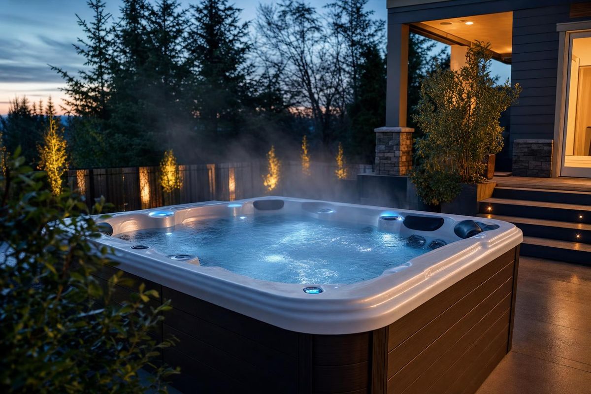 Clean residential hot tub with steam rising at dusk