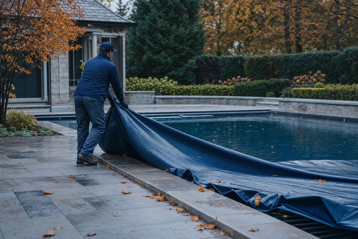 Pool technician covering a pool for winterization