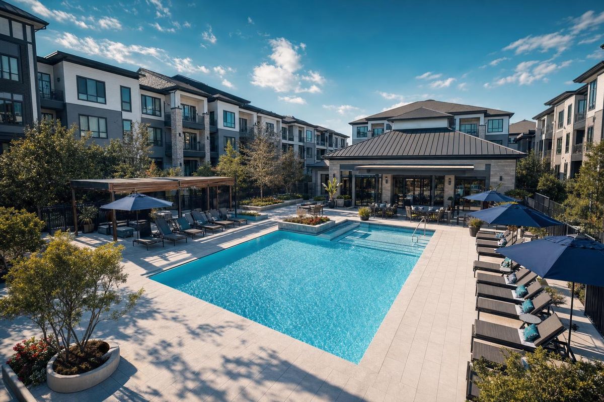 Clean HOA community swimming pool surrounded by residential buildings