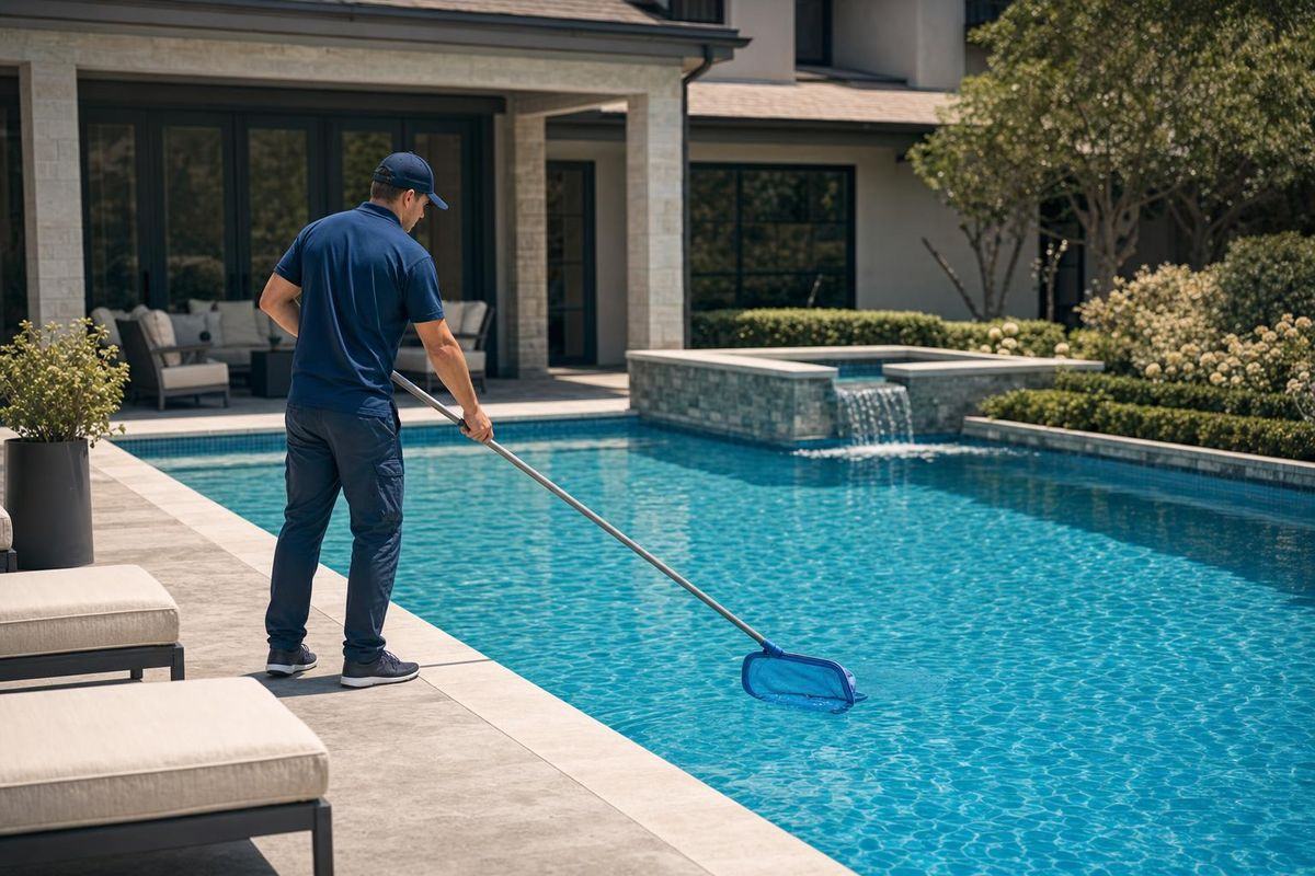 Pool technician skimming a clean backyard swimming pool